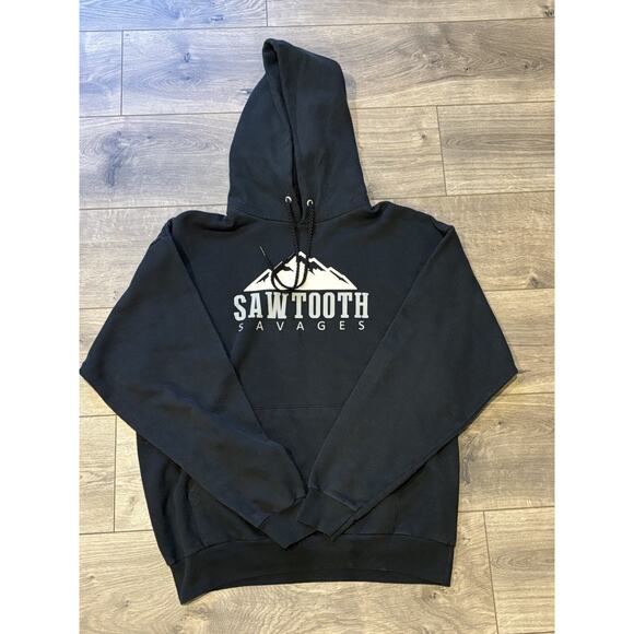 Vintage Hanes ComfortBlend EcoSmart SAWTOOTH SAVAGE Men's Sz L Hoodie Black - Picture 1 of 7